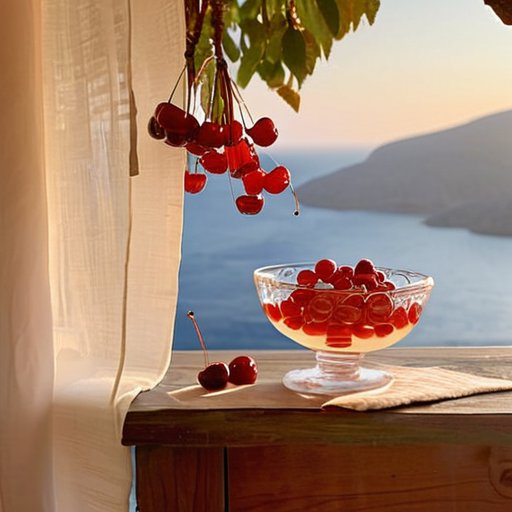 Cherry‑Kissed Dreams, sunset over taverna