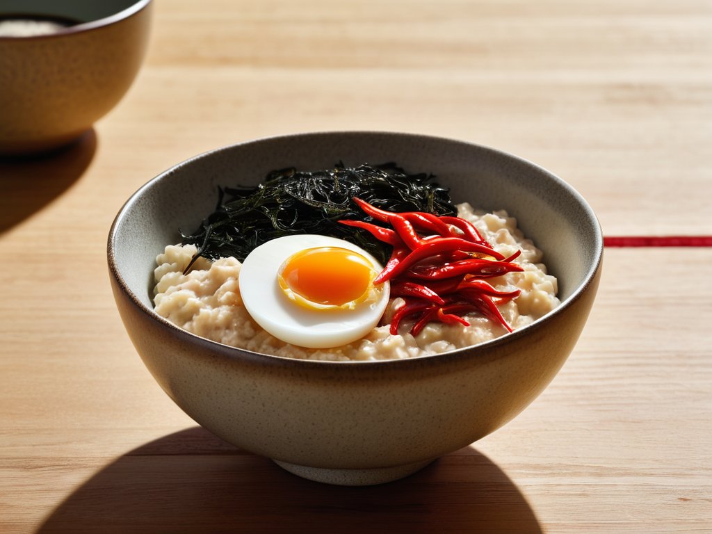 Savory Miso Oatmeal with Seaweed, topped egg