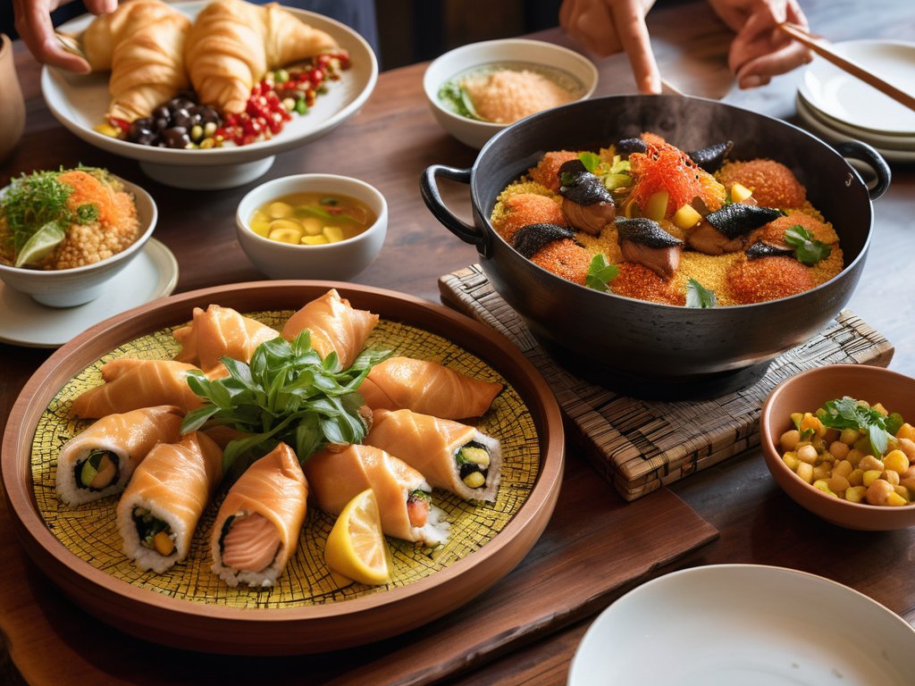 Chef sampling global cuisines in kitchen