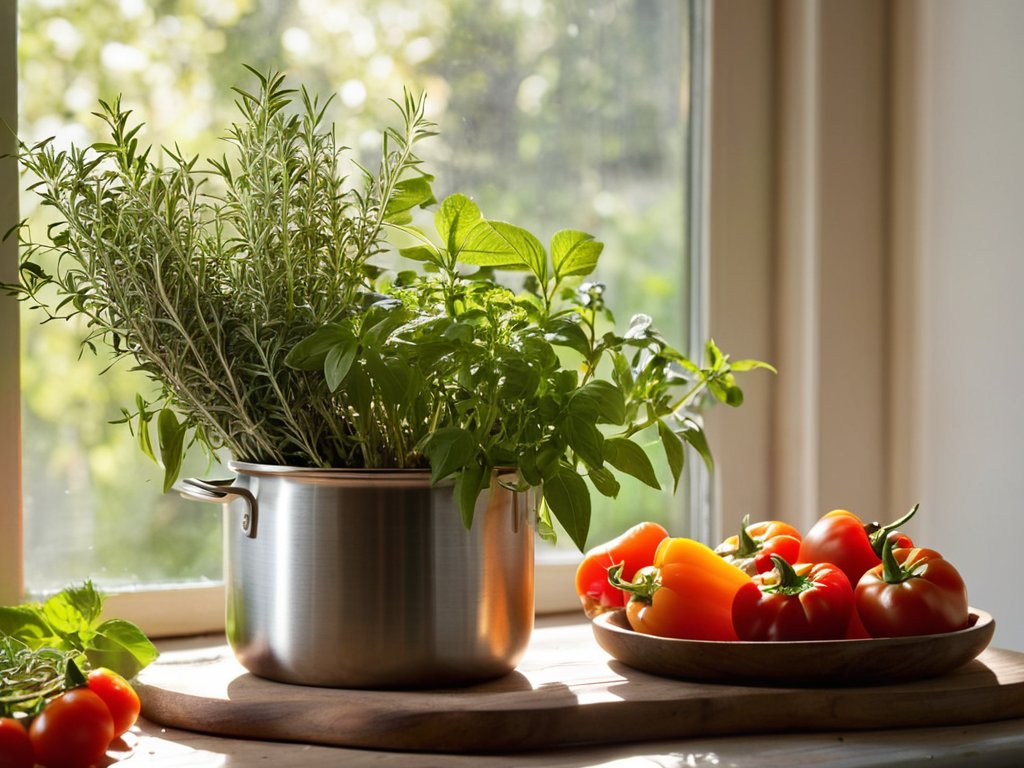 Herbal remedies displayed with fresh cooking ingredients