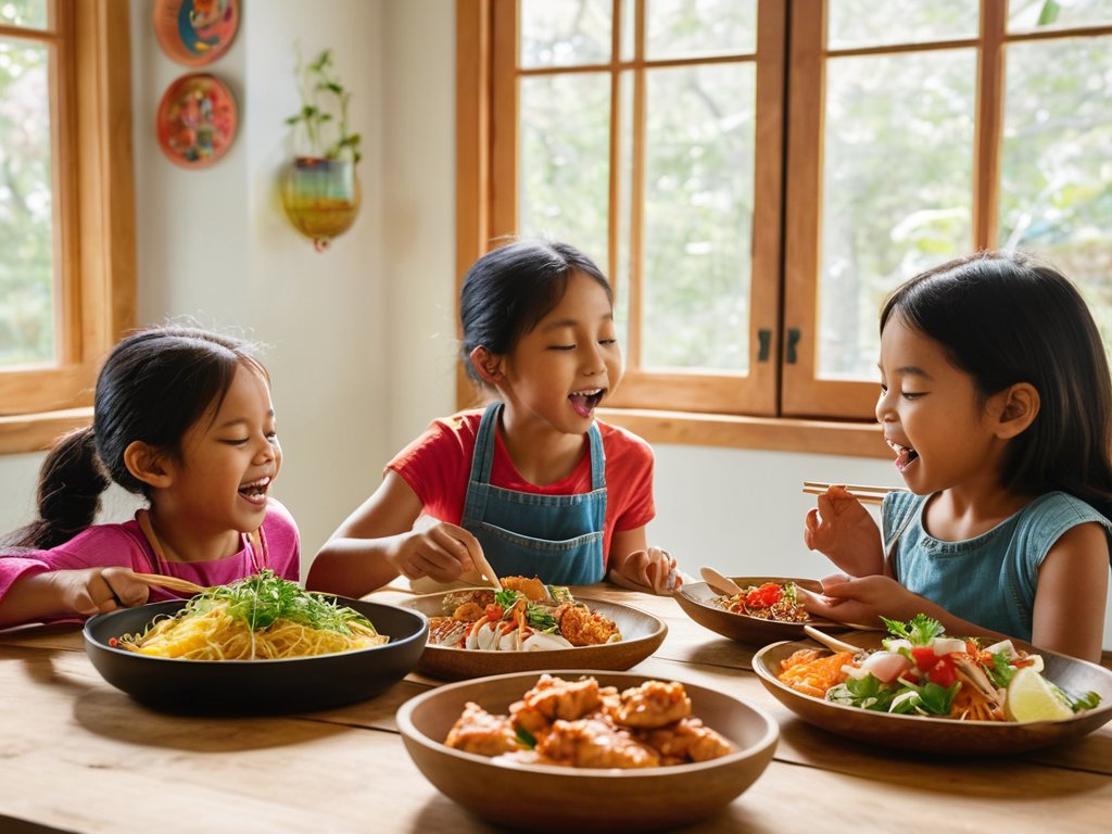 Happy children tasting international recipes for kids