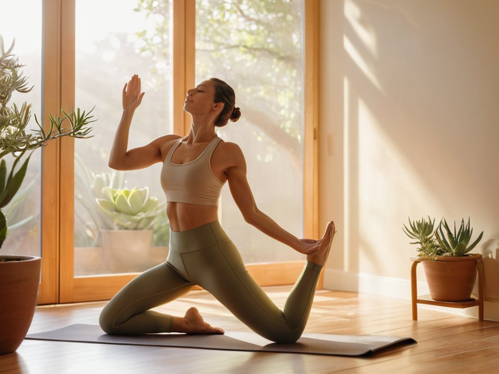 Sunlit woman practicing morning yoga routine