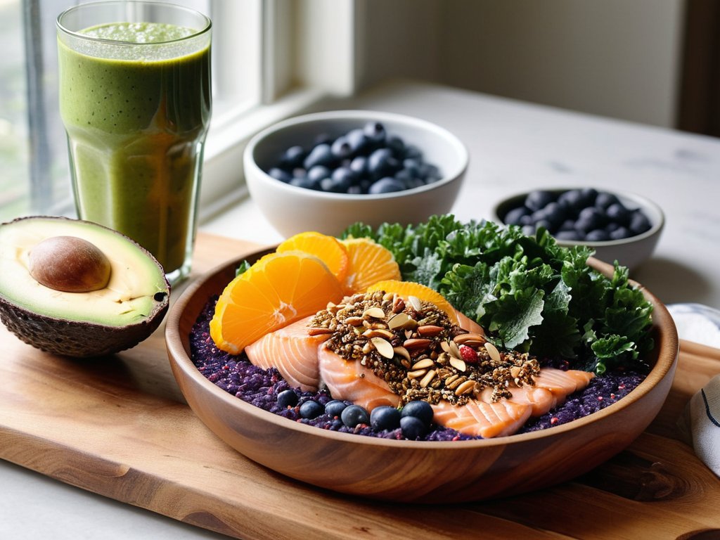 Colorful superfoods display on wooden table