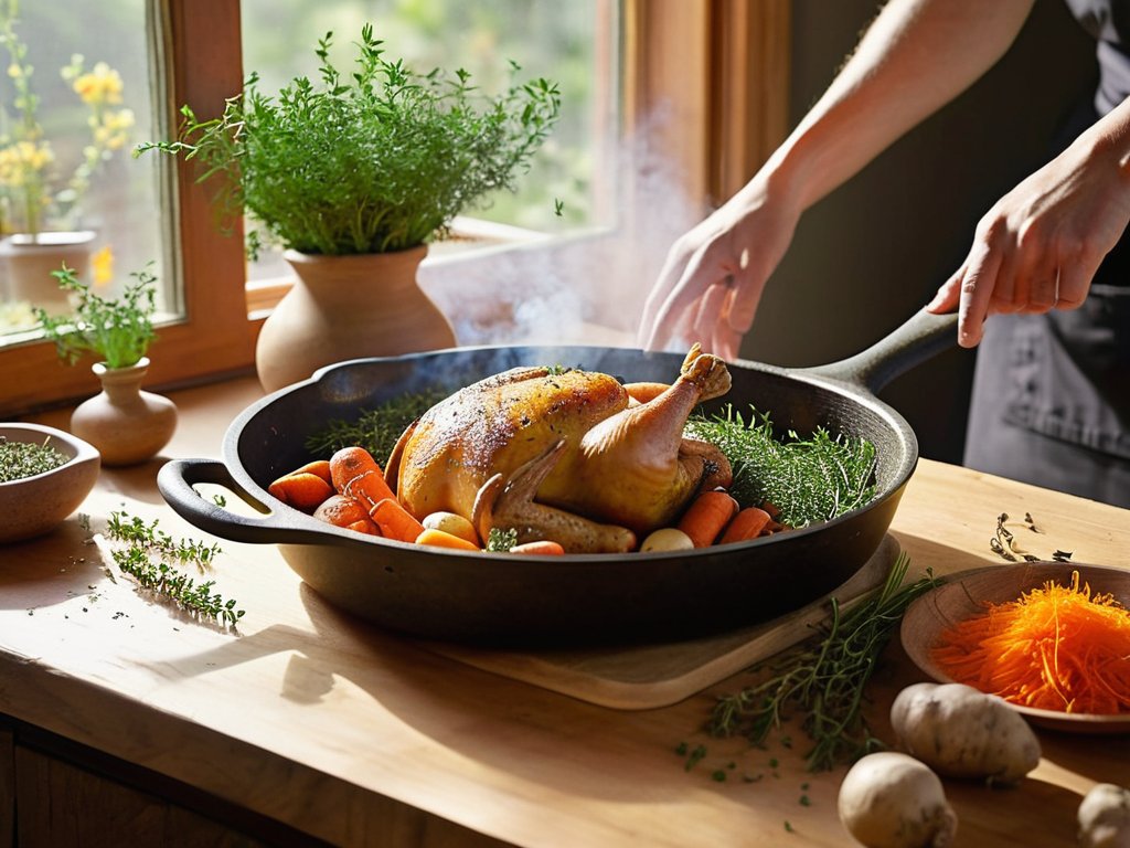 Fresh thyme in cooking, aromatic kitchen