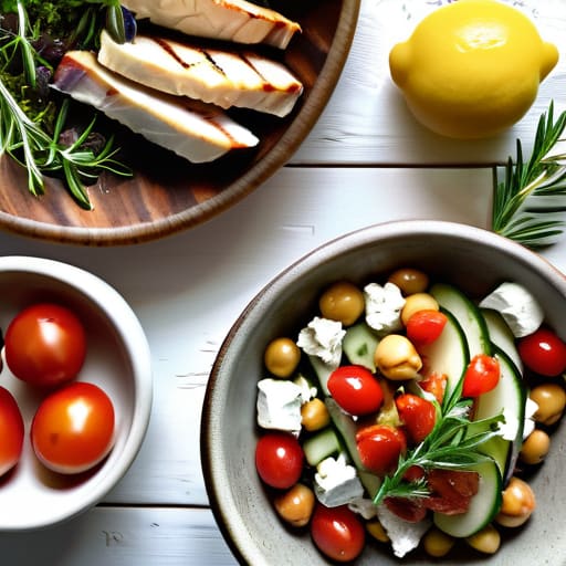 Mediterranean cuisine health benefits food display.